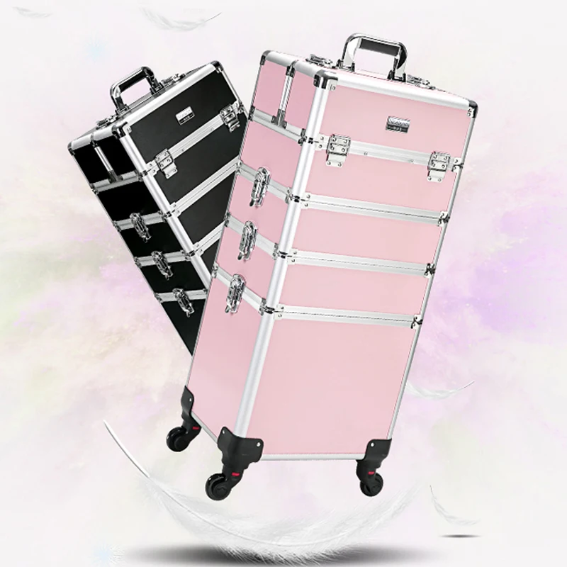 New Women Trolley Cosmetic Bags on Wheel,Nails Makeup Toolbox,Detachable Foldable Beauty Box Travel bag Rolling Luggage Suitcase