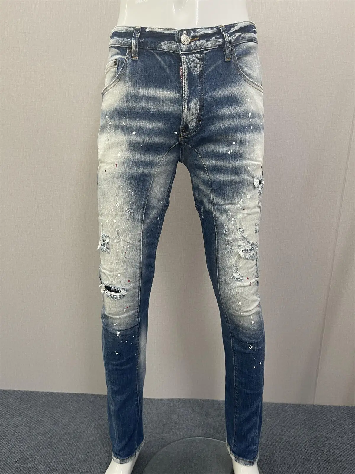 2023 Spring/Summer New Jeans Men's Water Wash Worn Hole Patch Paint Slim Fit Feet Black