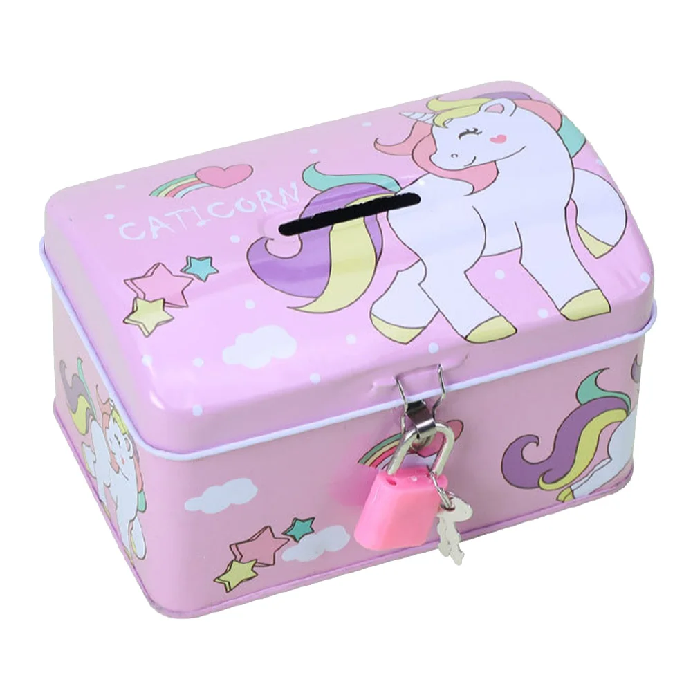 

Bank Coin Piggy Money Pot Box Saving Lock Storage Jar Cartoon Girls Container Kids Animal Printing Metal Lockable Rainbow Banks