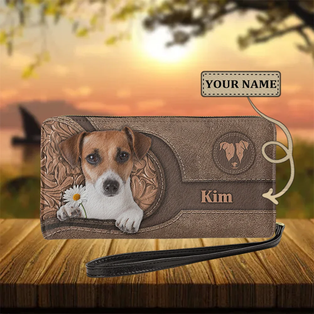 

FORUDESIGNS Brown Vintage Underarm Bag Jack Russell Terrier Print Custom Name Design Wristlets Passport Holders Wallet Women New
