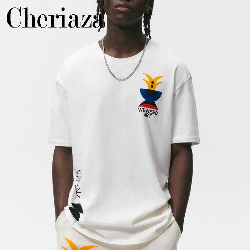 

Мужская свободная футболка с круглым вырезом, белая хлопковая футболка в европейском и американском стиле с принтом и короткими рукавами, т...