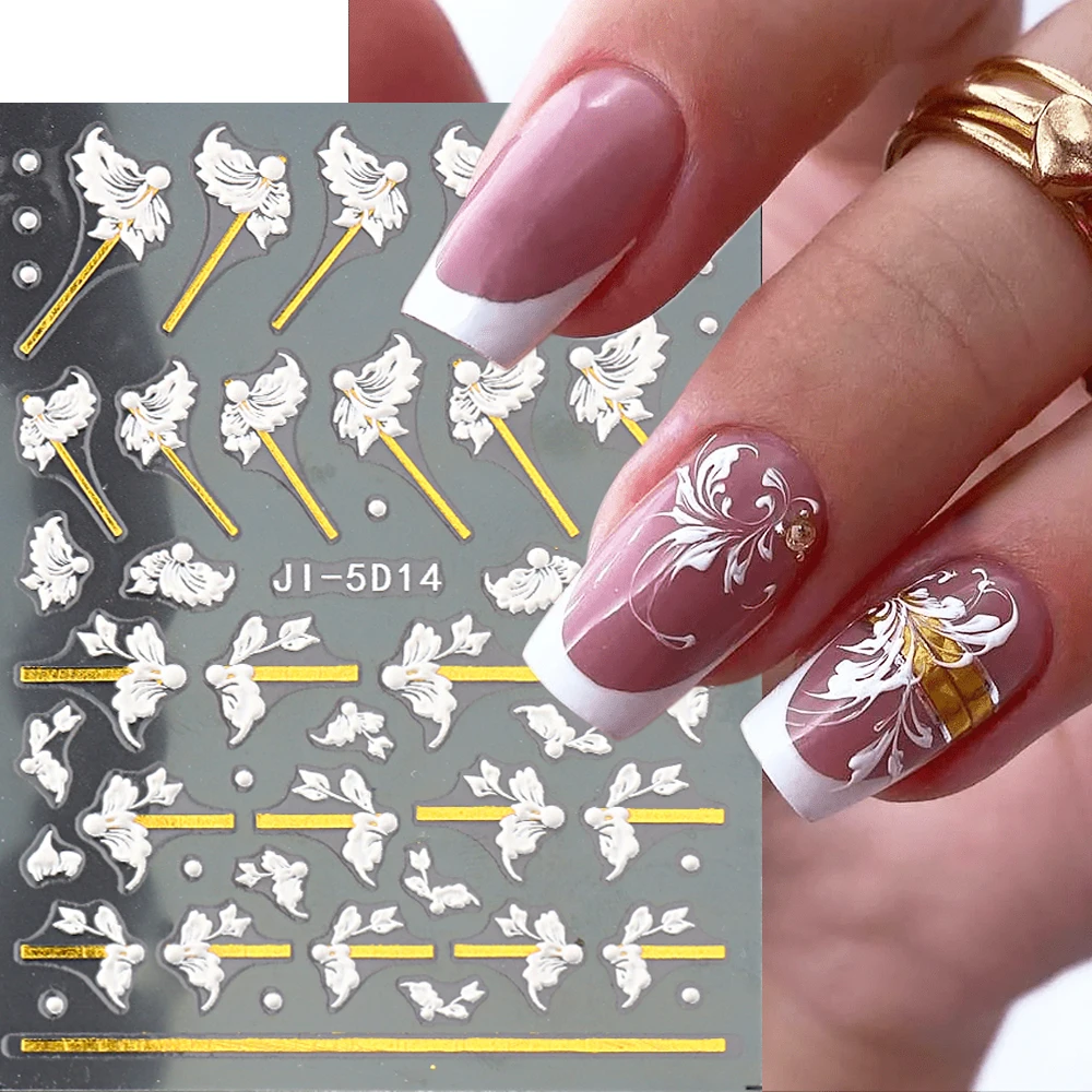 

5D Nail Stickers White Flower Leaf Embossed Sliders Gold Strip Line Elegant Lace Wedding Nail Stickers Manicure Decals GLJI-5D14