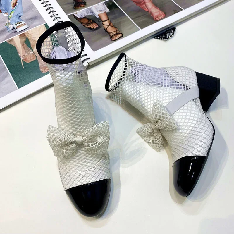 Большой размер 46 женские летние короткие сапоги в сеточку с бриллиантами низкие