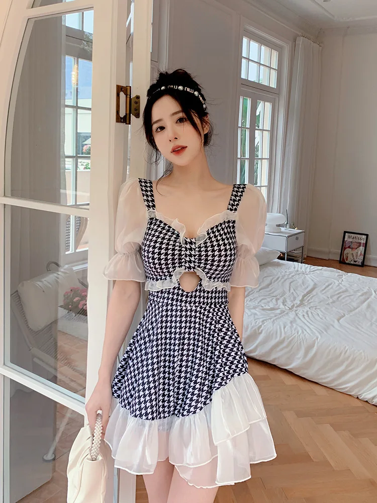 

Bikini Monokini One Pieces Set Korean Style Kawaii Dress Push Up Swimsuit Women Swim Skirt Plaid Swimsuit Beachwear 2023 Summer