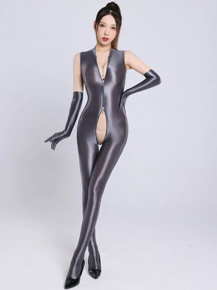 

Sleeveless Glossy Shiny Pantyhose Bodystocking Double Zipper Open Crotch Bodysuit Tights Sexy Jumpsuit Conjoined Leotard Catsuit
