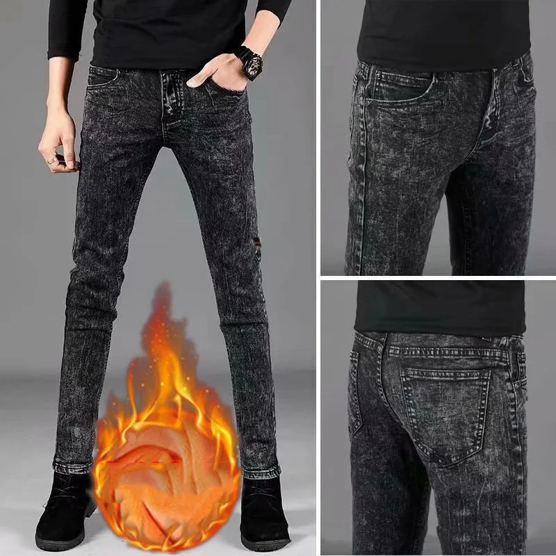 Осенне-зимние фирменные плотные шерстяные тянущиеся мужские Красивые корейские модные мужские модные Универсальные повседневные джинсовые брюки для подростков