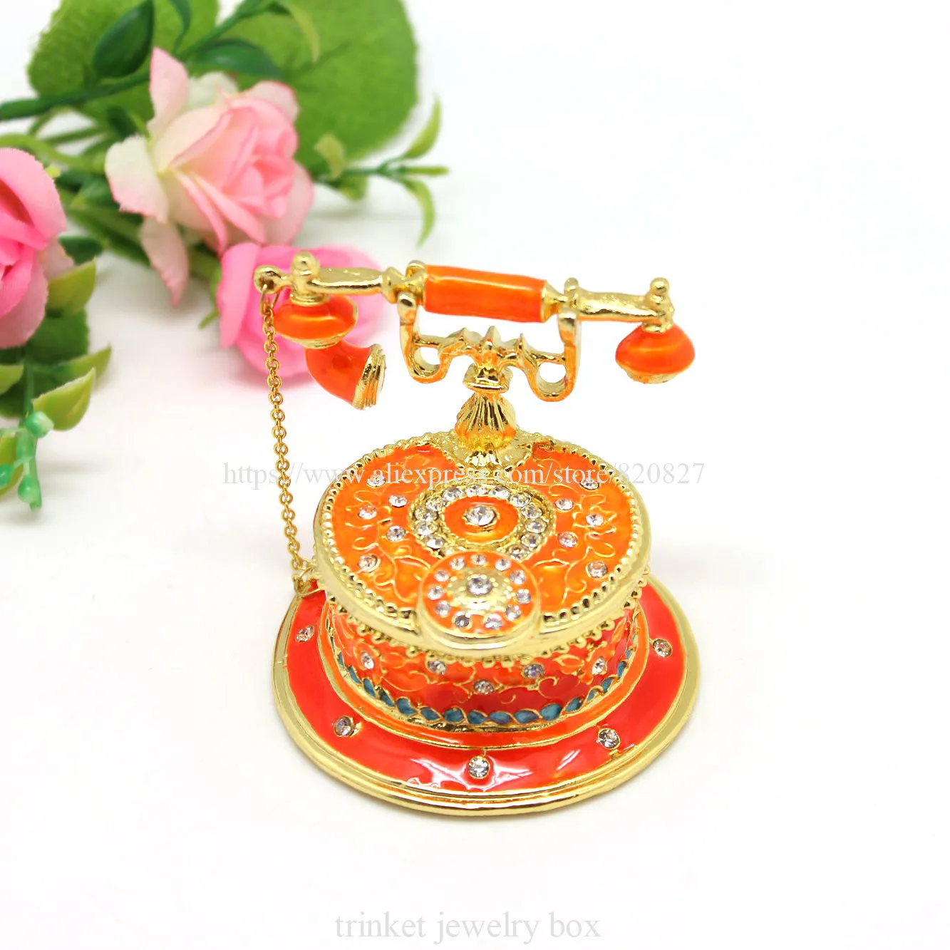 Telephone Shaped Jewelry Trinket Box, Enamel Phone Model Jewelry Box