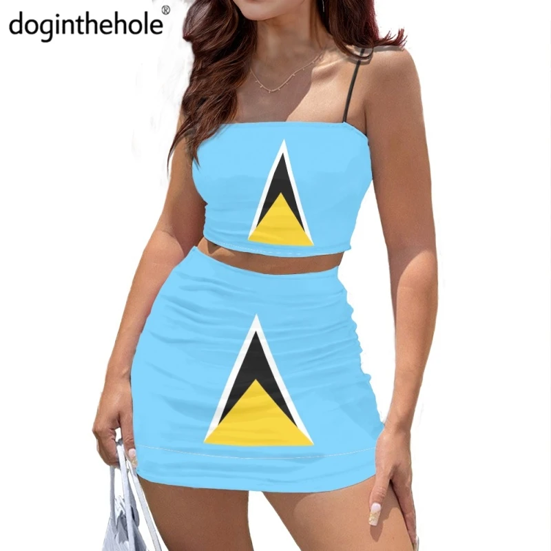 

Doginthehole Sexy Halter Crop Top and Skirt for Women Saint Lucia flag Printing Summer Short Dress Outfits 2pcs Clubwear Set