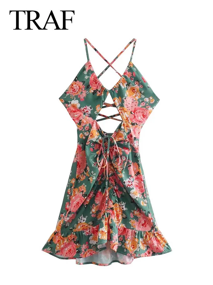 

TRAF Elegant Women's Print Flower Halter Sleeveless Dress Back Hollow Cross Tie Bow Slim Fit Sexy Shirring Ruffle Hem Summer