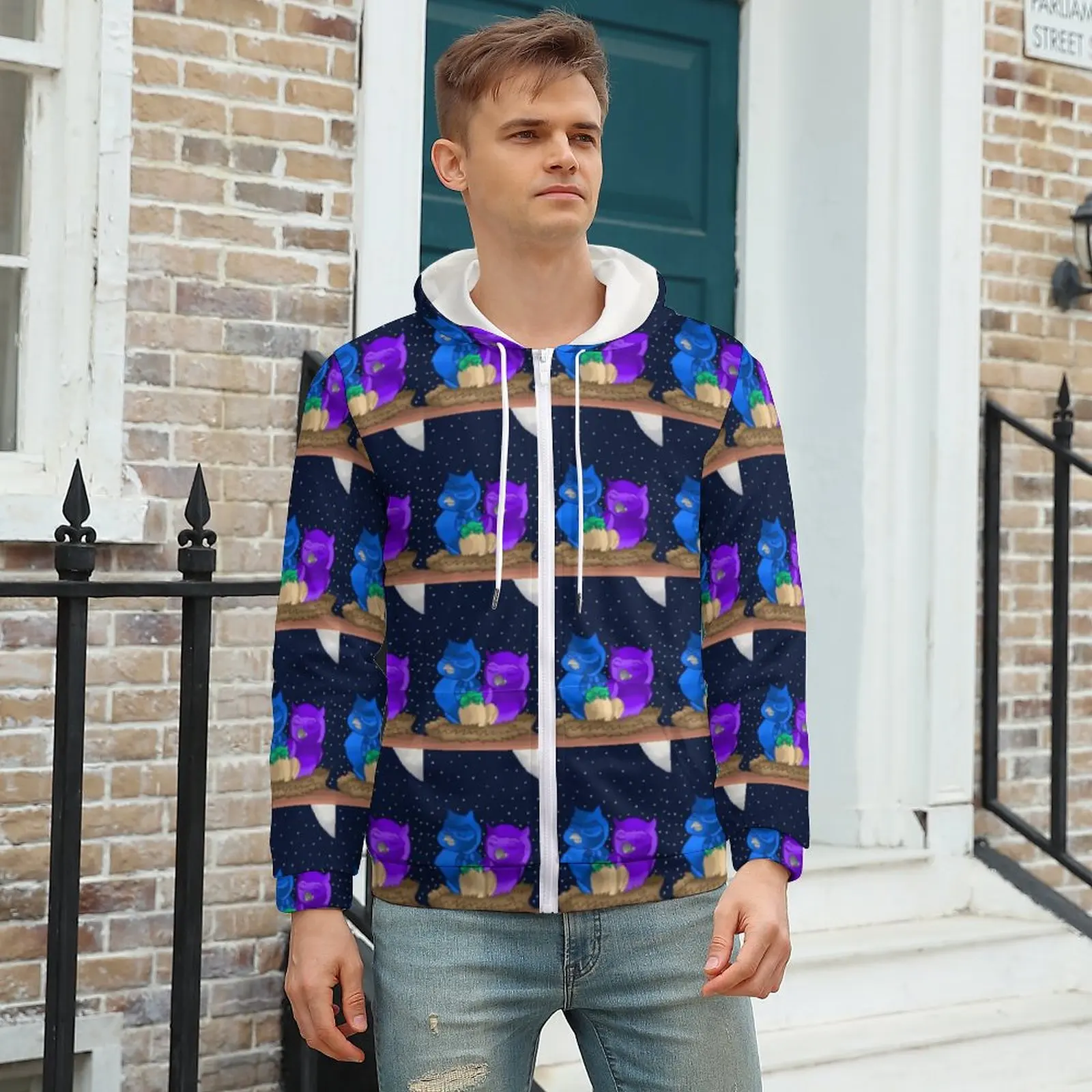 

Owl Family Hoodie Funny Animal Print Mens Autumn Hoodies Loose Zip Up Hoodie Plus Size XXXL