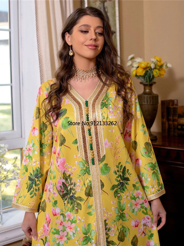 Fashion Floral Print Muslim Dress Women Dubai Arab Abaya Dubai Arabic Turkey Moroccon Kaftan Islamic Clothing India Gown Robe