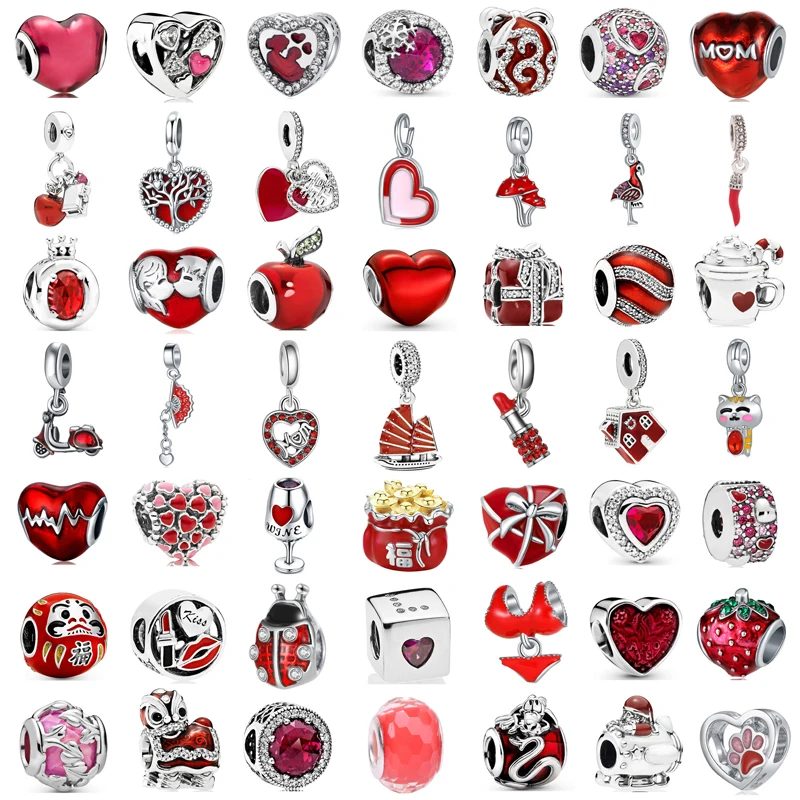 New Fashion Glamour Original Red Collection Lipstick Dear Heart Wine Glass Beaded Fit Original Pandora Ladies Bracelet Jewelry