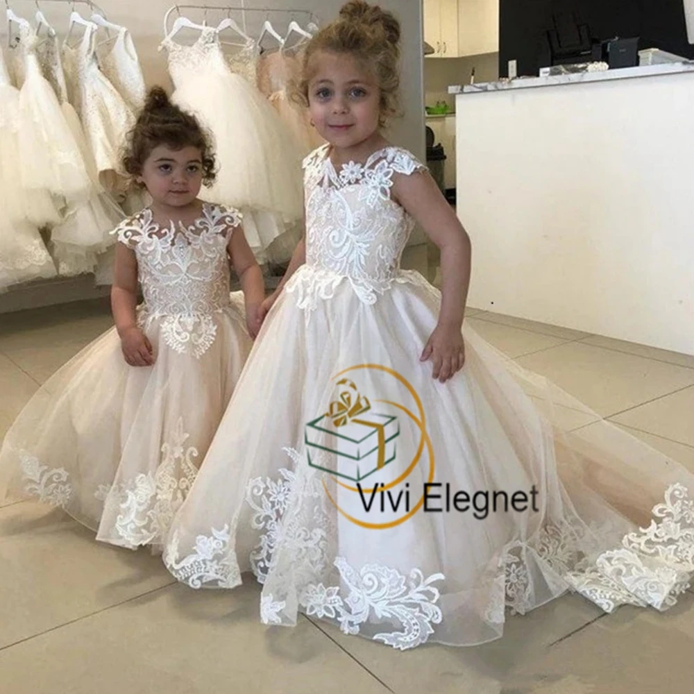 

Scoop Cap Sleeve Champagne Flower Girl Dresses for Marriage Sleeveless A Line Sweep Train Wedding Party Gowns 2023 Summer New