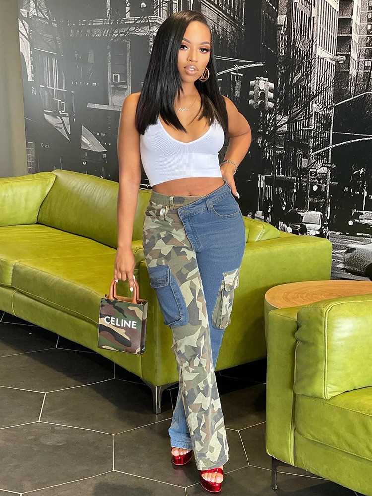 Sifreyr Camouflage Patchwork Cargo Pants Women Pocket Zipper High Waist Baggy Jeans Casual Bottoms Street Hipster Denim Trousers