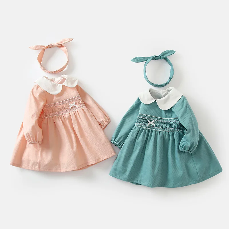 

2023 Baby Girls Smocking Dress Kids Plain A-line Smocked Dresses with Headband Children Princess Casual Frocks Toddlers Playwear
