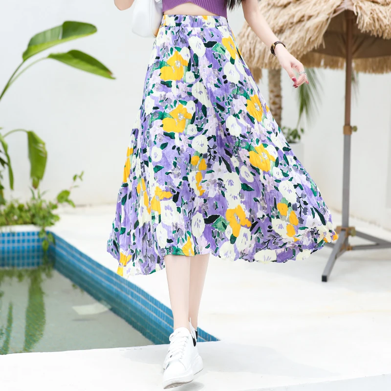 

Floral Skirt Skirt Summer 2022 New Temperament Loose Cover Crotch Big Swing Long Skirt Elastic High Waist A-line Skirt