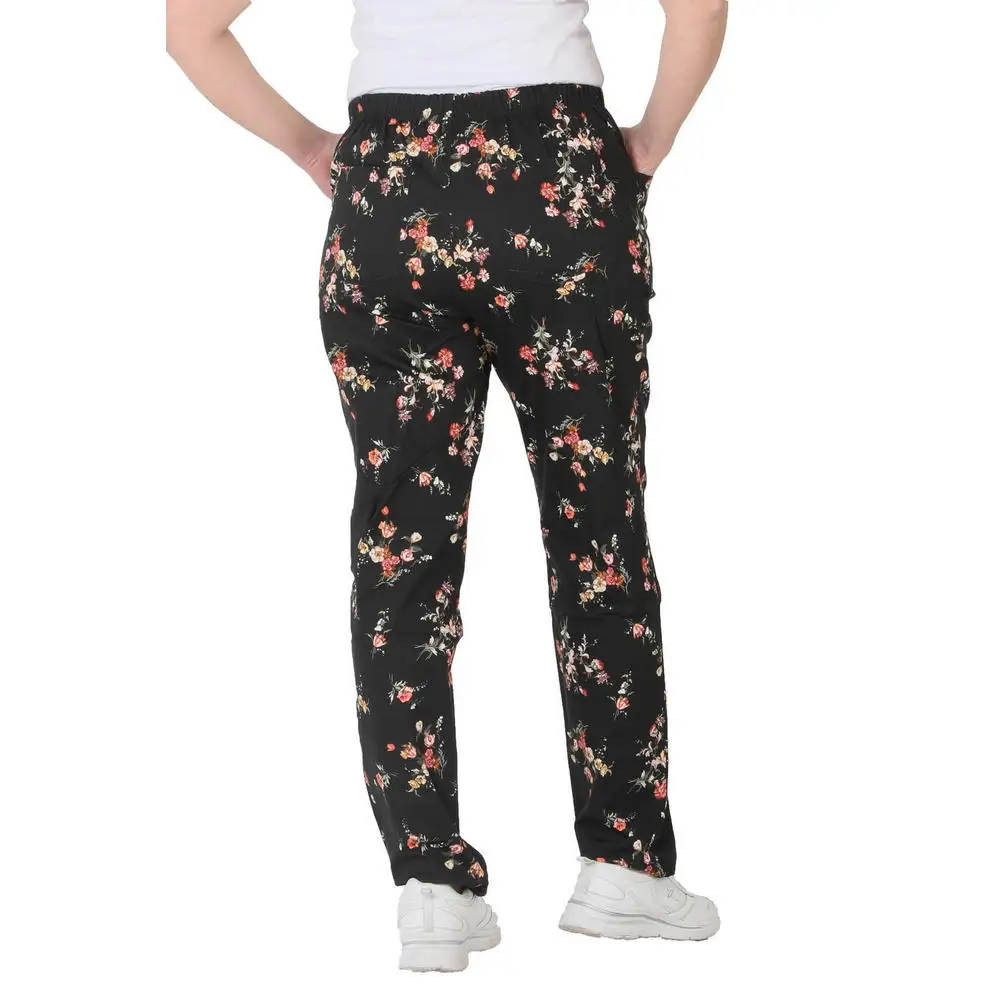 Fierte Women Large Size Pants CcLone Linen High Elastic Waist Straight Bell-Bottomed Sports Pocket Flower Pattern Summer Spring Slim Casual Black
