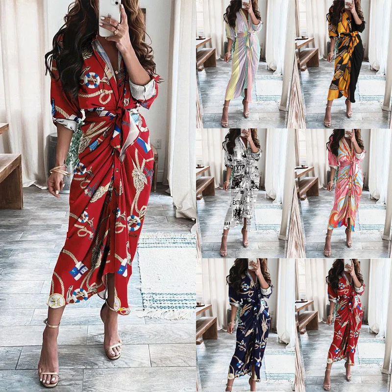 

New women's V-neck button fashion printing lace-up sleeves sexy dress children