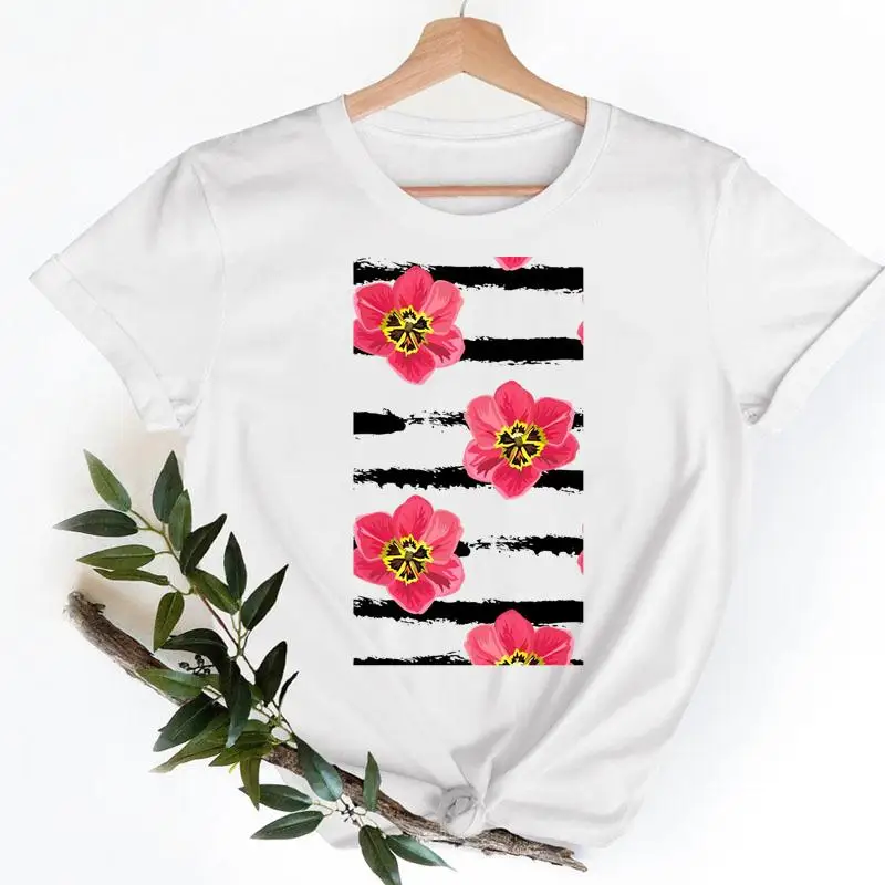 

Tee Shirt Lady Clothes Female Tshirt Casual Fashion T Women Striped Lovely Trend Cute Flower Short Sleeve Top Graphic T-shirts