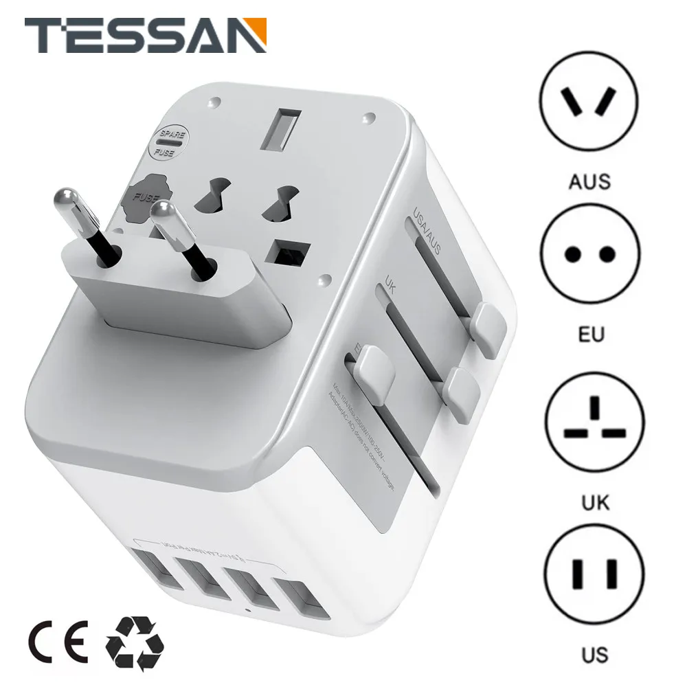 

TESSAN Универсальный дорожный адаптер все в одном для путешествий с вилкой для ЕС США Великобритании Австралии Универсальная Розетка с 4 USB пор...