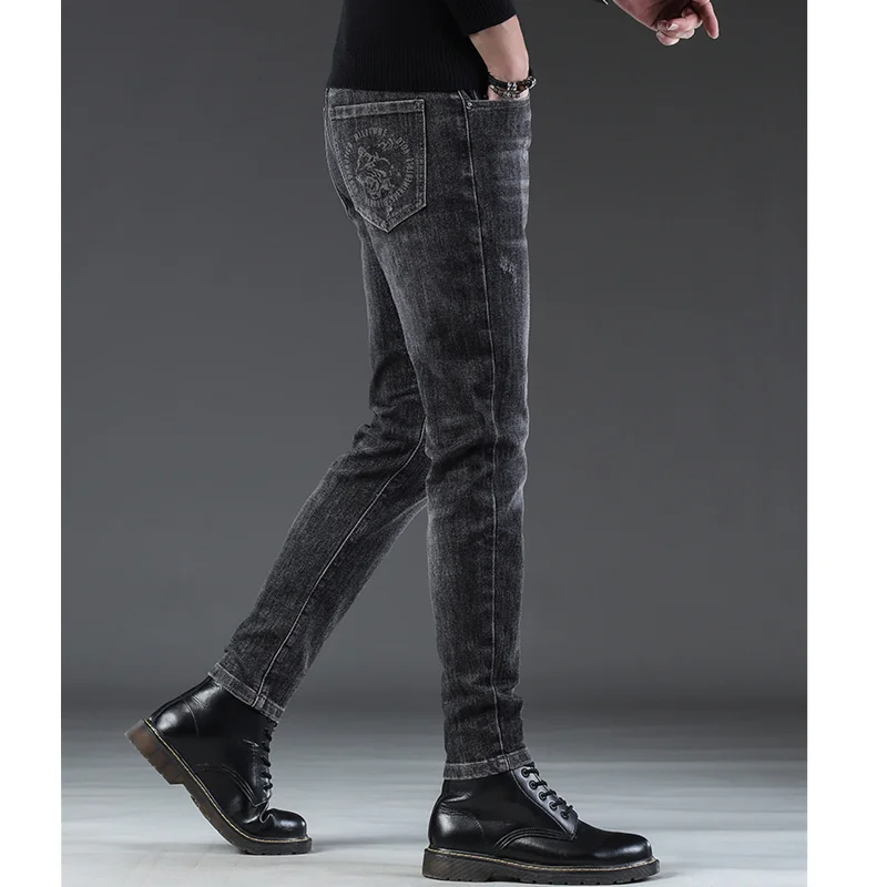 Men Clothing 2022 New Dark Grey Straight Plush and Thicken Jeans Self-cultivation Vintage Pencil Pants Women Autumn and Winter