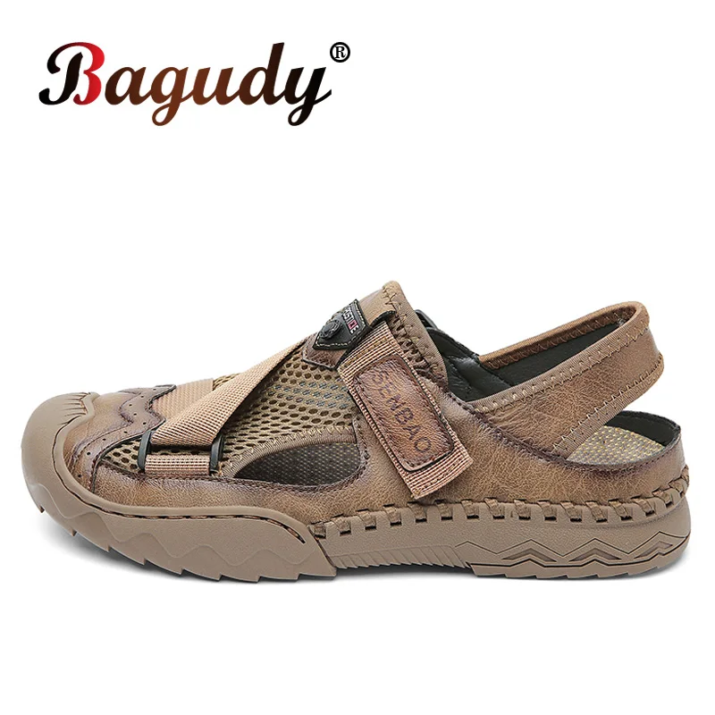 

Handmade Leather Sandals Shoes Men Casual Sandalias Men Summer Shoes Soft Mesh Comfort Beach Sandals Hollow Non-Slip Men Shoes
