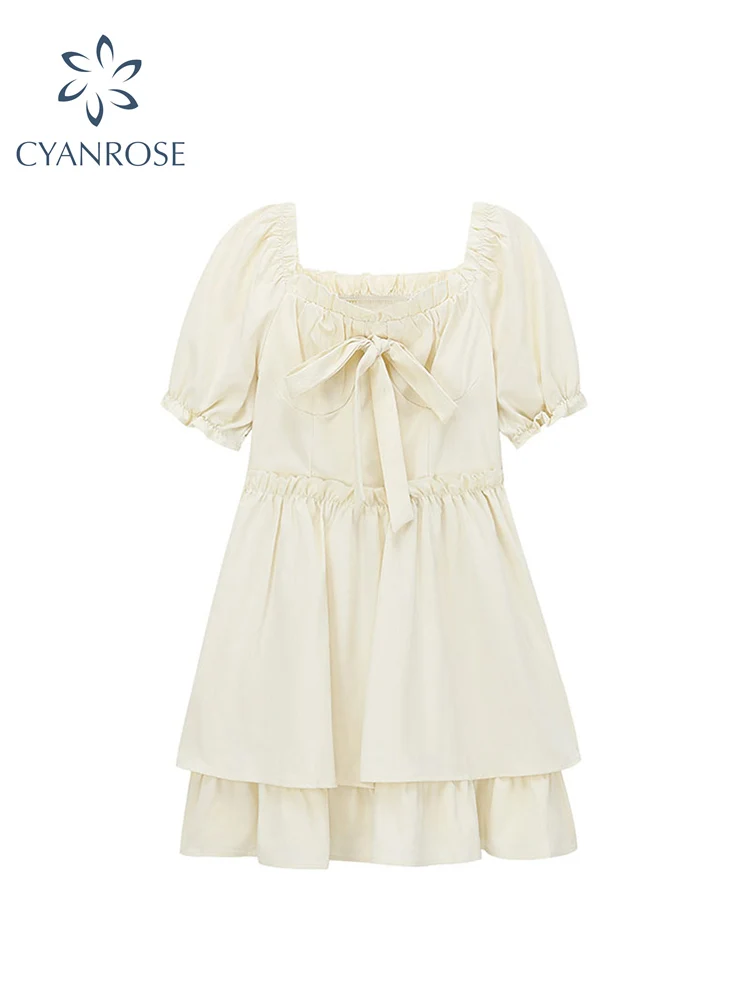 

Square Collar Dress For Women Clothes 2022 Elegant Bow Agaric Lace Short Sleeve 2022 Summer A-line Dress High Waist Midi Dresses