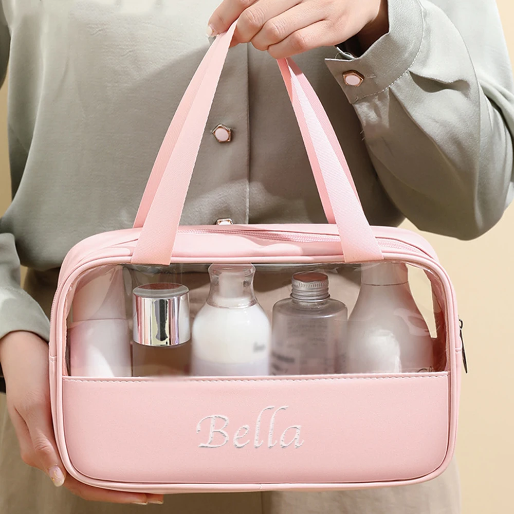 

Women's Cosmetic Bag Custom Name Translucent Wash Bag Large Capacity PU+PVC Waterproof Portable Travel Makeup Storage Bags