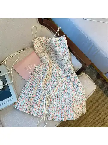 Женское плиссированное платье на бретельках, летнее пикантное мини-платье с цветочным принтом и вырезом лодочкой в Корейском стиле, 2022