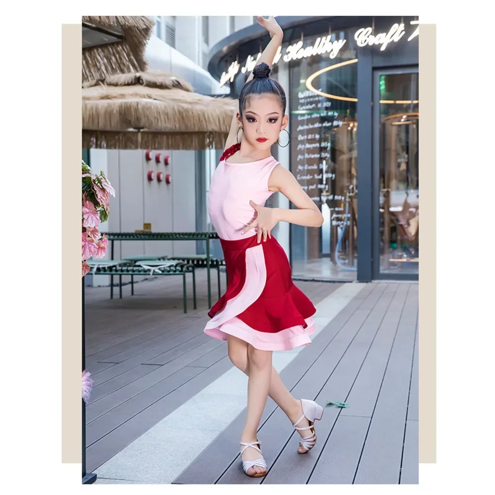 Платье Meisjes Lijn Ruche Balzaal для латинских танцев Wedstembali Meisje Kind Salsa Tango Cha Oefen Top Rok Uitvoering