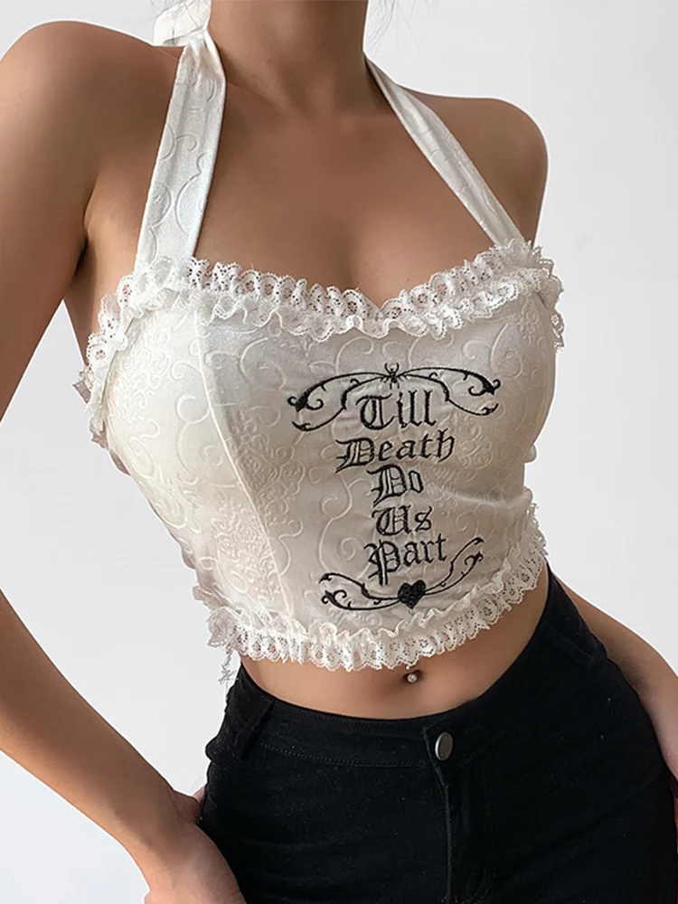 

Fairycore гранж Холтер Белый Женский Camis Харадзюку панк буквы Печатный Y2k майка эстетичный с открытой спиной E-girl сексуальные кружевные жилеты