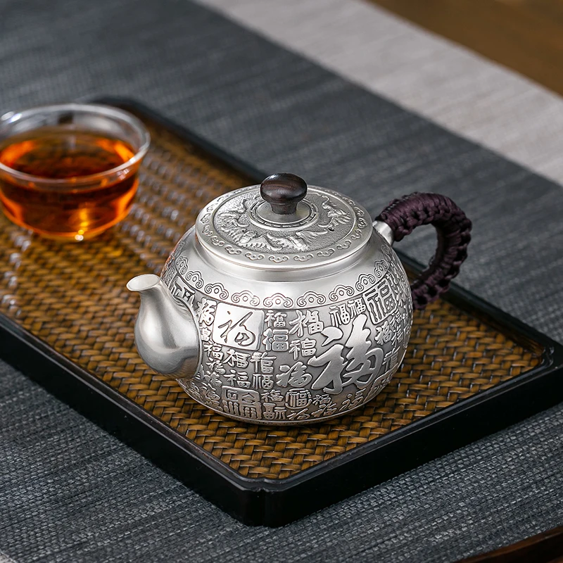

Baifu Sterling Silver S999 Silver Pot Pure Handmade Silver Teapot Kungfu Tea Set Two Sizes of Teapot