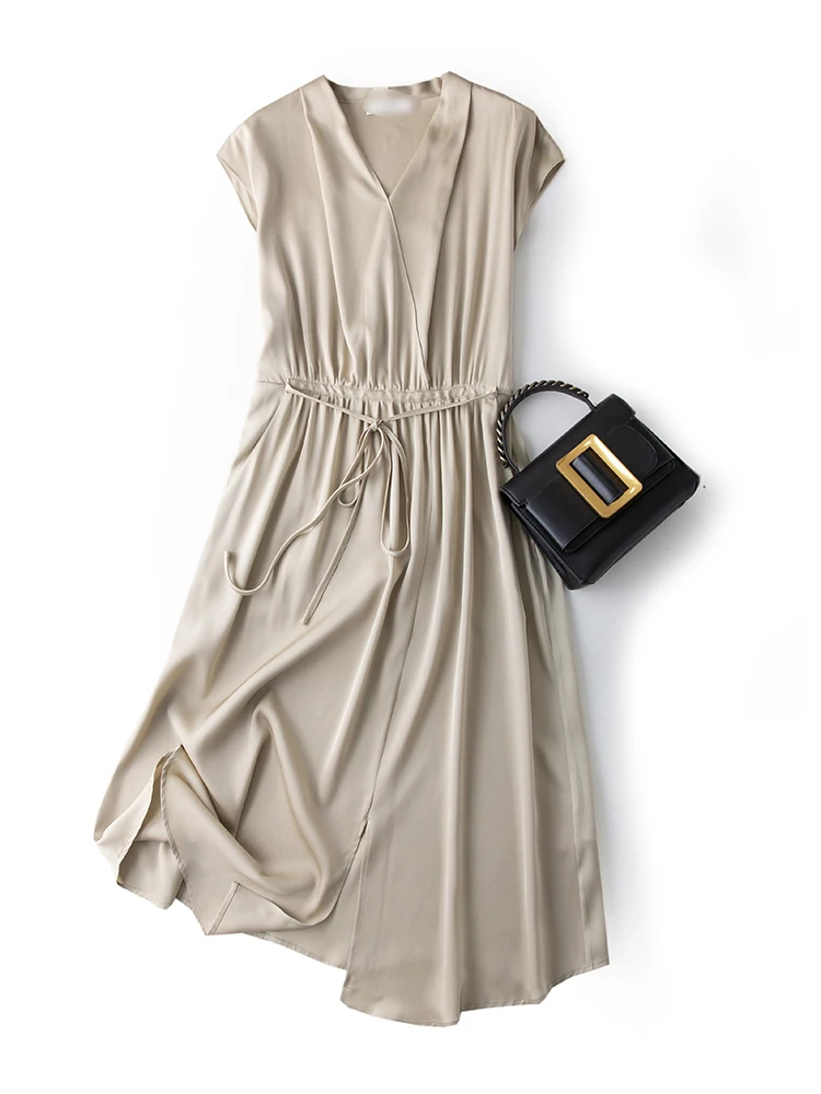 

2022 Summer 92% Natural Silk Party Dresses Women Evening V-Neck LOOSE Office Lady Empire SATIN Sexy Dress Women