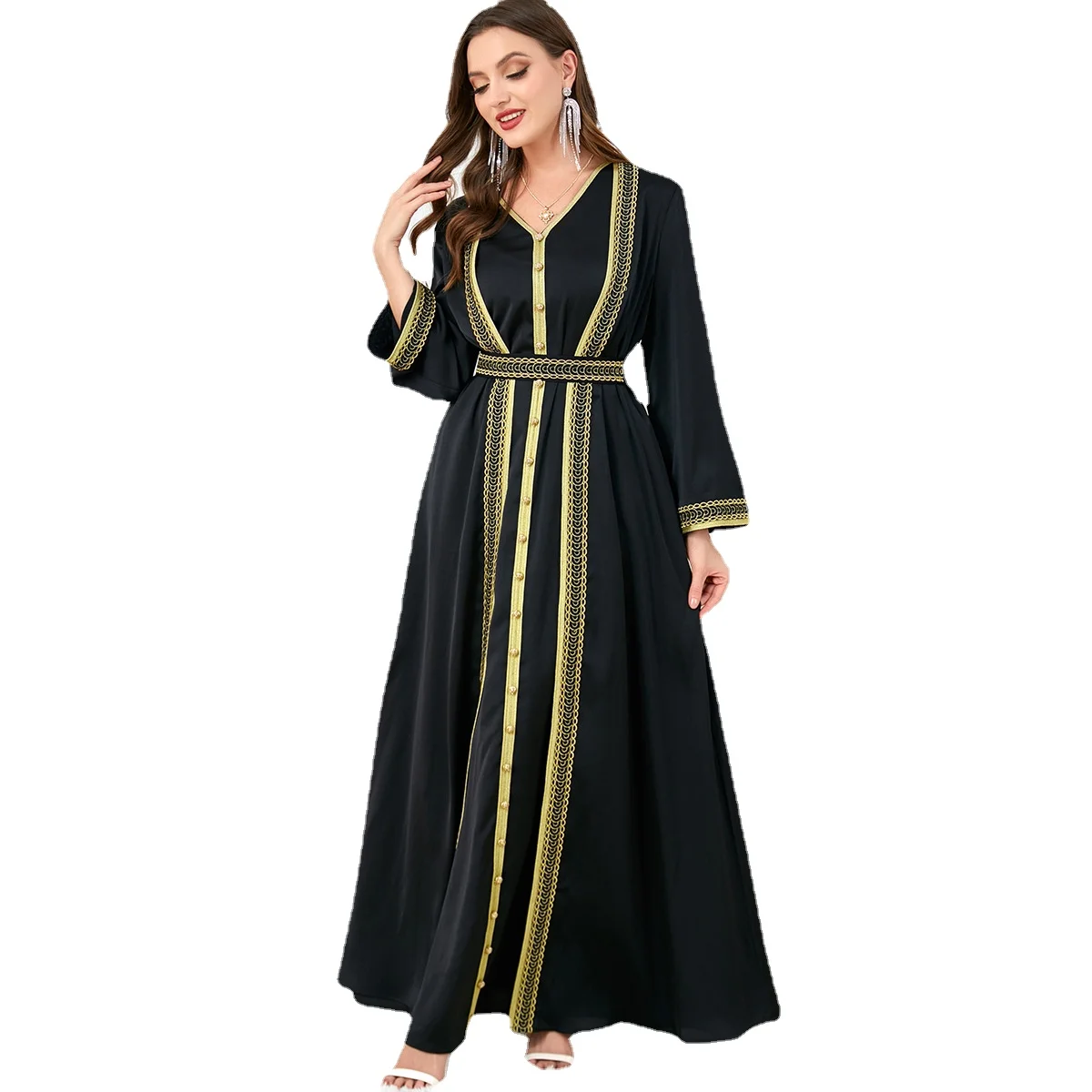 

Black Dress Women Elegant Luxury V Neck Gold Belt Button Embroidery Elegant Luxury Women Dress With Free Shipping