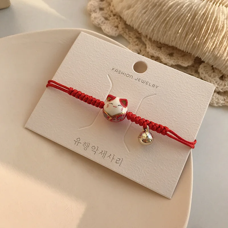 

Cute Lucky Cat Bracelet For Women Adjustable Knitted Rope Girls Bracelets Ceramics Cat Charm Beads Bracelets Jewelry Wholesale