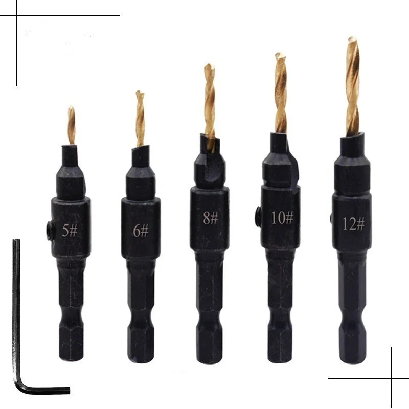 

4/5pcs Countersink Drill Woodworking Drill Bit Set Drilling Pilot Holes For Screw Sizes #5 #6 #8 #10 #12 With a Wrench Tools