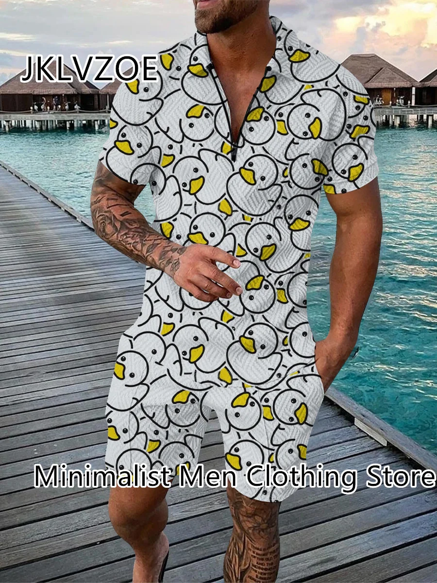 Men's Polo Shirts Tracksuit Sets Cartoon Duck Hawaiian Summer Casual Suit Zipper Lapel T-shirt Short Sleeve Male 2 Piece Outfits