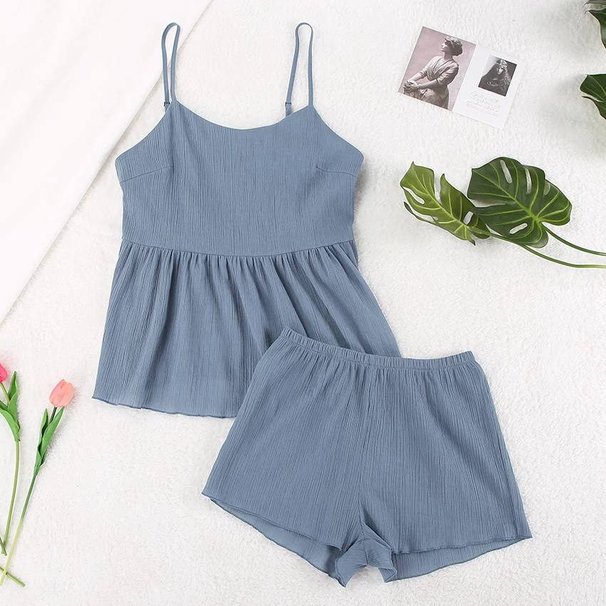 2022 Summer French Fashion Sling V-neck Pajamas Shorts Two-Piece Jacquard Solid Color Loose Ladies Homewear