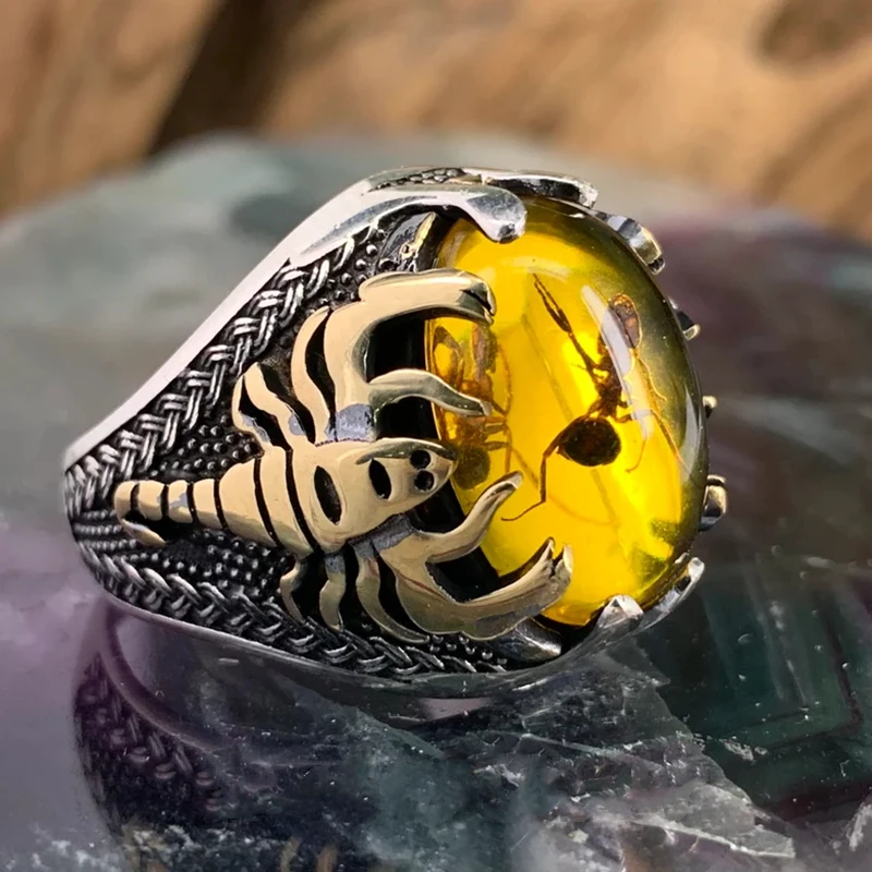 

Vintage Big Oval Natural Agate Stone Ring for Men Retro Inlaid Yellow Zircon Ant Ring for Women Wedding Band Turkish Jewelry