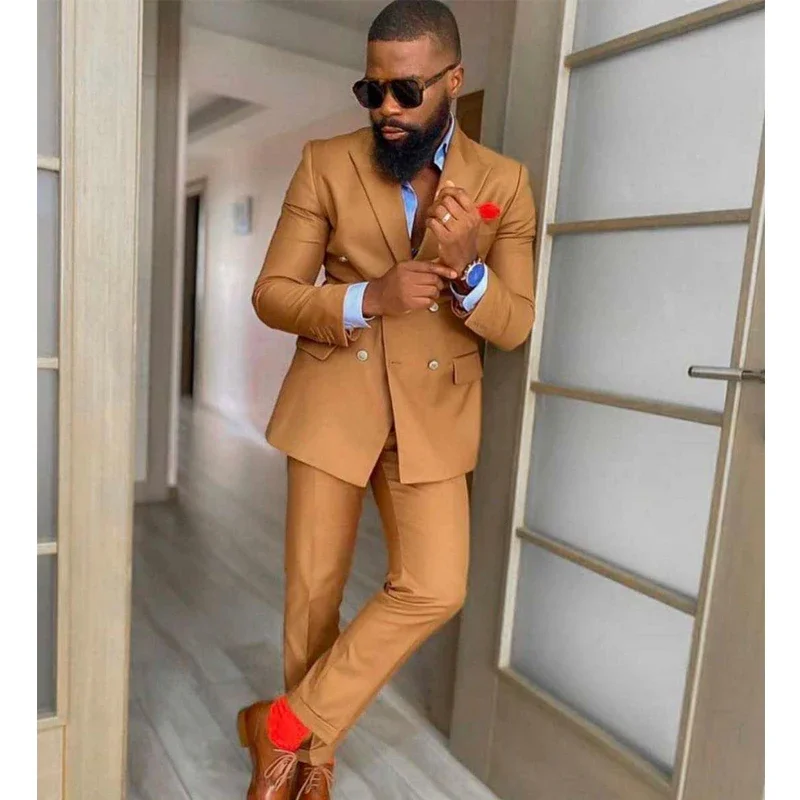 Коричневые двубортные Свадебные Мужские костюмы приталенный силуэт с