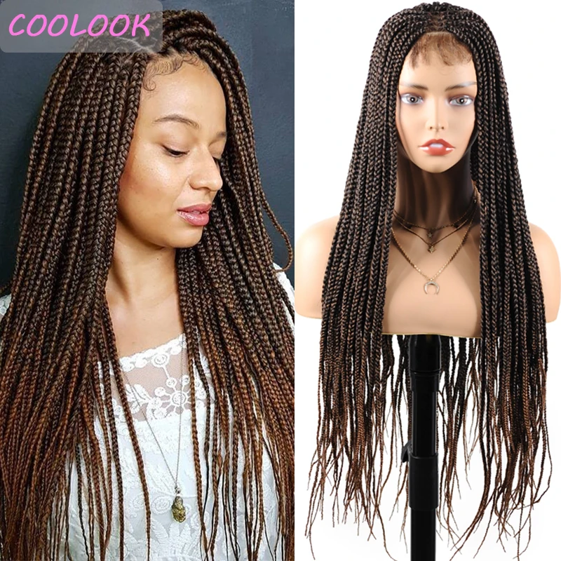 30Inch Long Ombre Brown Box Braided Lace Frontal Wigs with Baby Hair Box Braids Lace Front Wig for Afro Women Synthetic Lace Wig