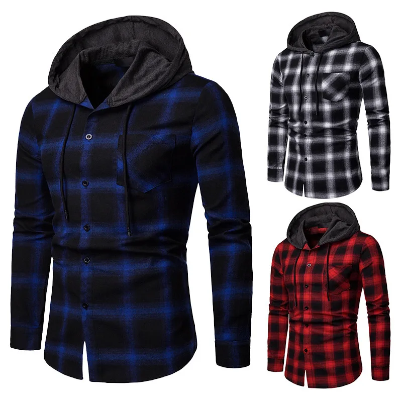 2022 Spring European Size Men's Business Shirts Fashion Plaid Shirts Casual Long Sleeve Shirts Hooded Jackets Fashion Men