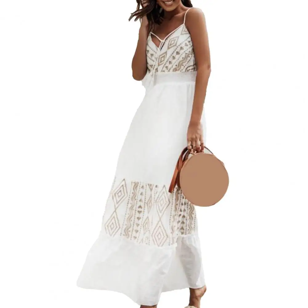 

Summer Dress Women 2022 Deep V-Neck Elastic High-waisted Front Lace-up Large Hem Embroidery Floral Print Maxi Dress Suspender