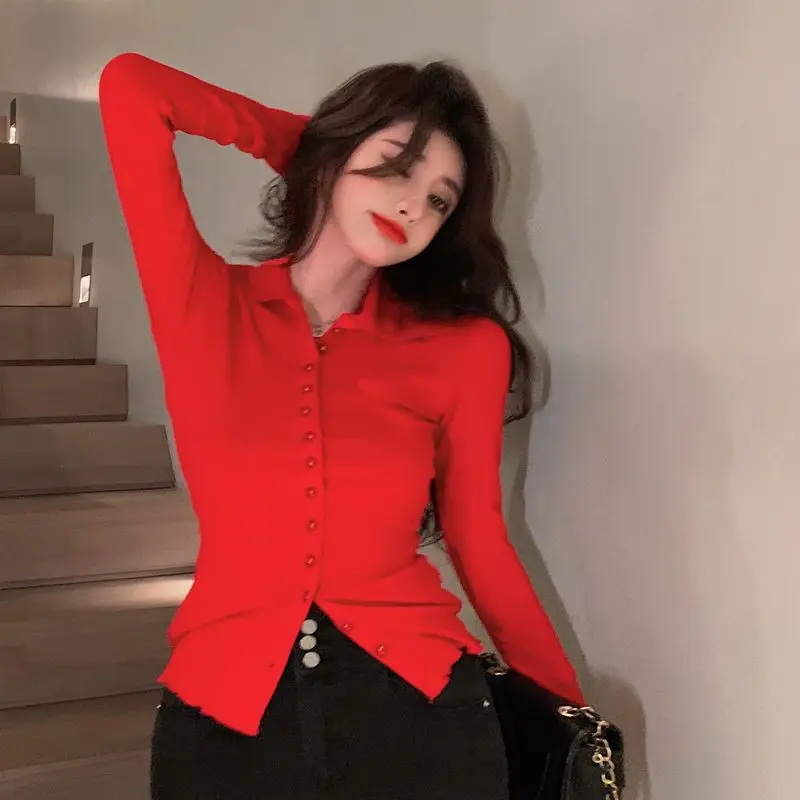 Женская Облегающая рубашка элегантная и простая Сексуальная Базовая в Корейском