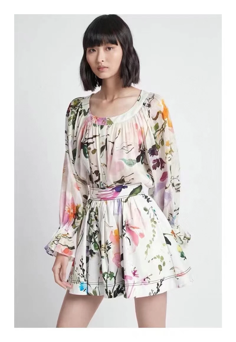 

Floral Print Women Silk Linen set fashion Blouse Shirt + elastic Waist Mini Skirt