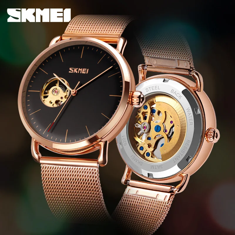

SKMEI Luxury Automatic Mechanical WristWatch Men Hollow Dial Business Mens Watch Stainless Steel Net Strap Fashion Clock Reloj