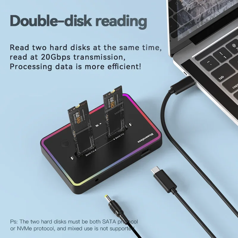 Фото Внешний корпус для M.2 SSD с двумя протоколами, 2-слотовая док-станция Type-C 10 Гбит/с, совместимая с PCIe NVMe и SATA M.2 SSD №3