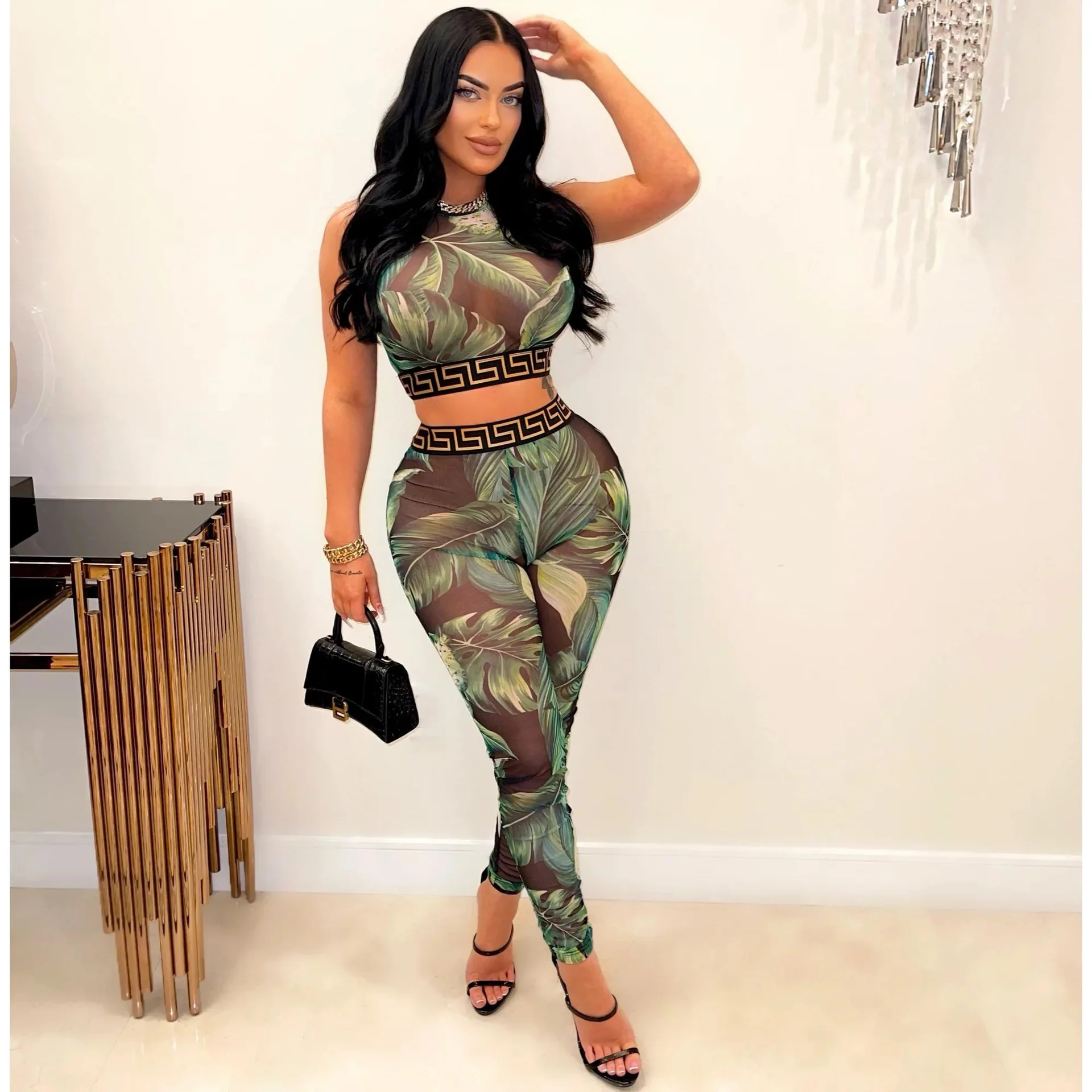 

Женский сетчатый комплект из двух предметов, укороченный топ без рукавов и леггинсы с принтом в стиле пэчворк, летняя сексуальная мода 2023