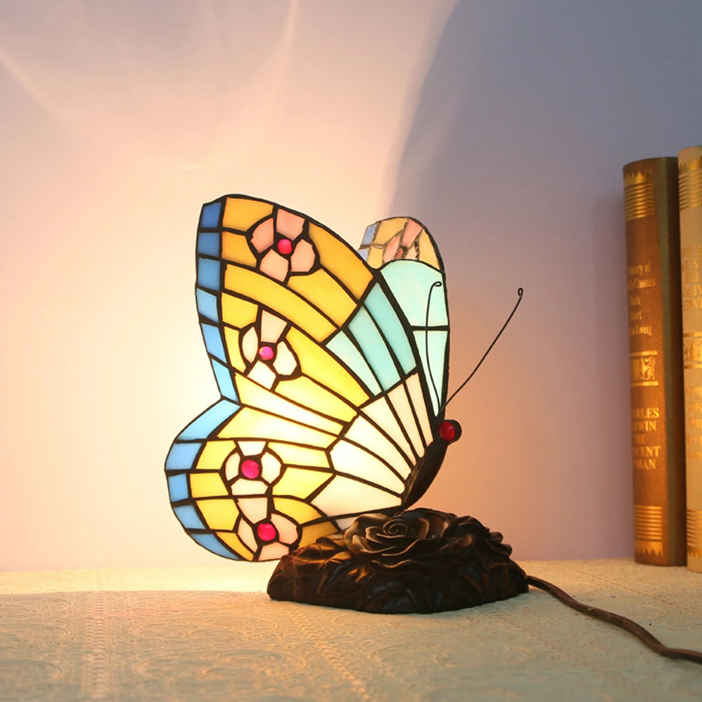 Stained Glass Butterflies Table Light UK Plug Desk Lamp Lighting Ornament