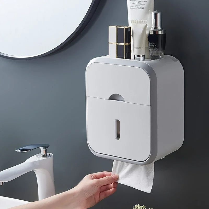 

Punch-free Toilet Paper Holder Box Waterproof Tissue Storage Box Bathroom Rack Wall Mounted Kitchen Bathroom Storage Holder